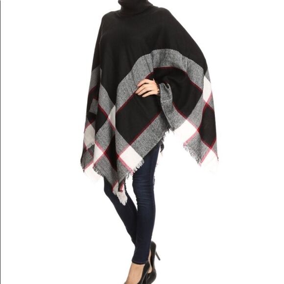 New Plaid Black & Grey Knit Poncho Oversized Comfy Lounge Turtleneck Preppy - Picture 2 of 5
